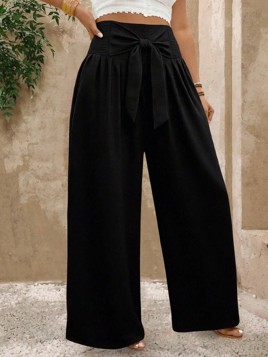 Women Wide Leg Casual Pants with Front Tie Waist High Waist Solid Beige