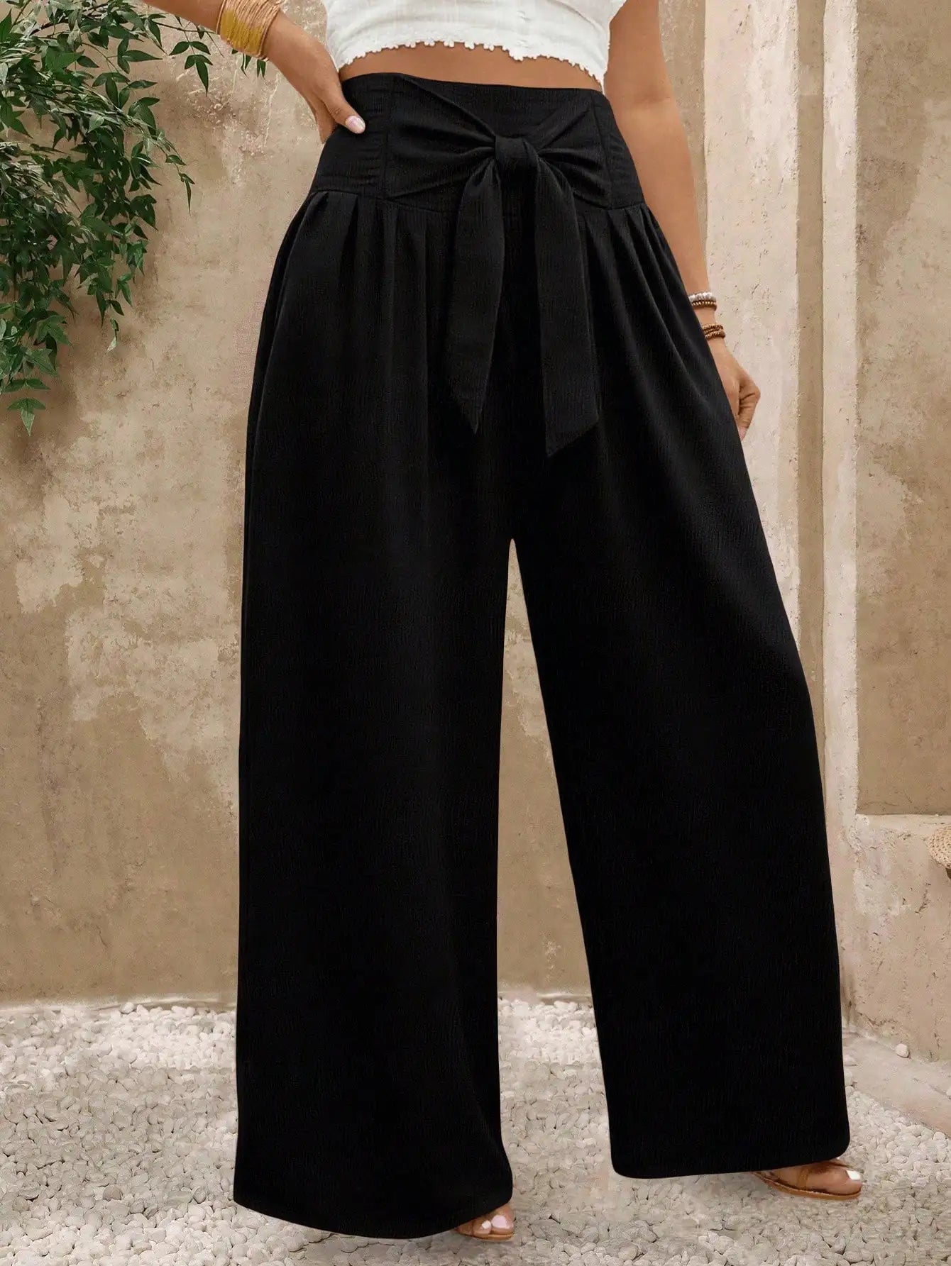 Women Wide Leg Casual Pants with Front Tie Waist High Waist Solid Beige