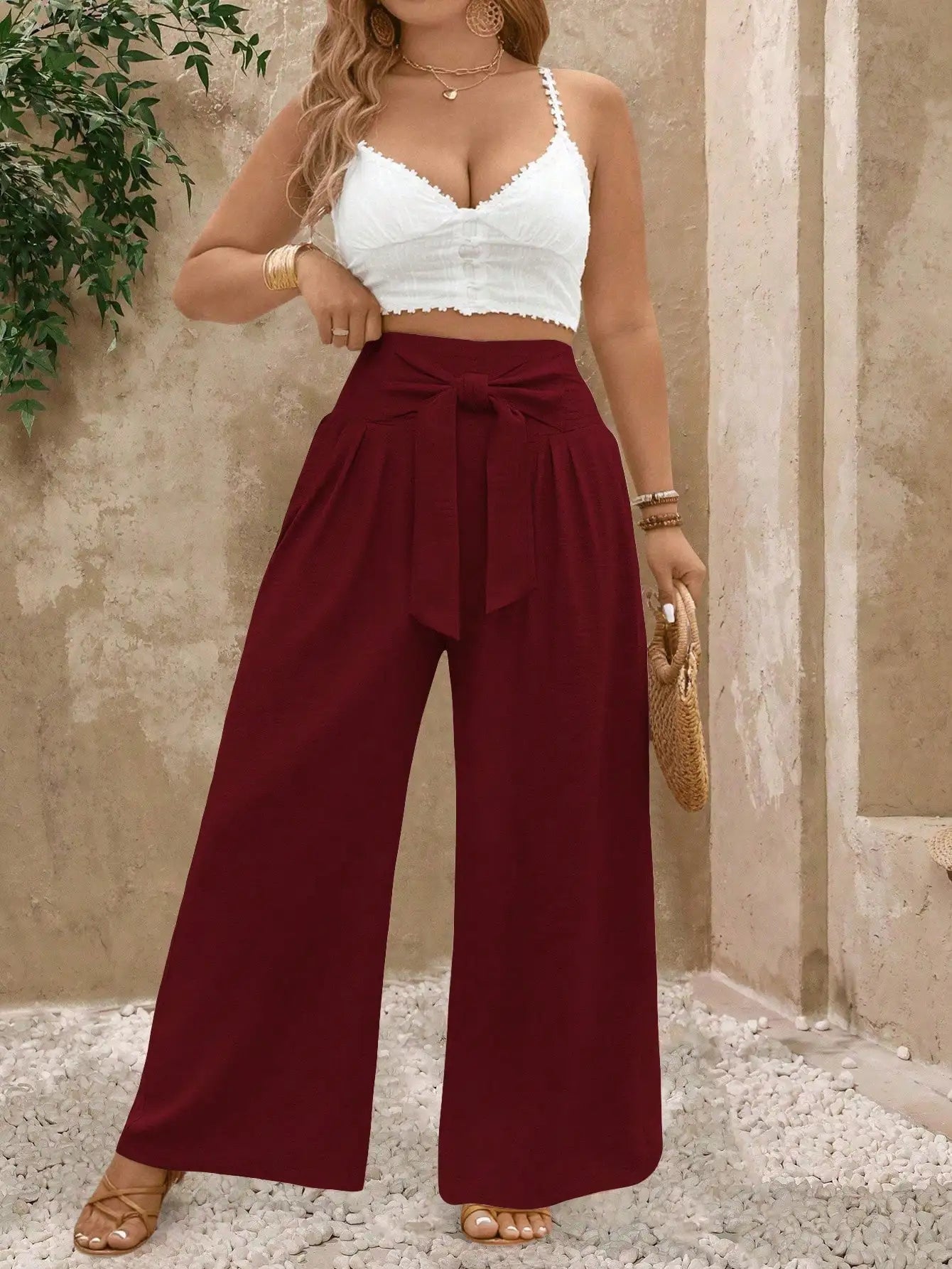 Women Wide Leg Casual Pants with Front Tie Waist High Waist Solid Beige