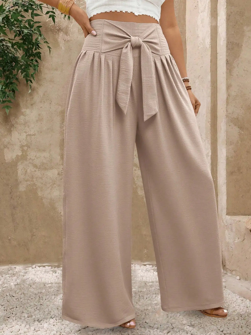 Women Wide Leg Casual Pants with Front Tie Waist High Waist Solid Beige