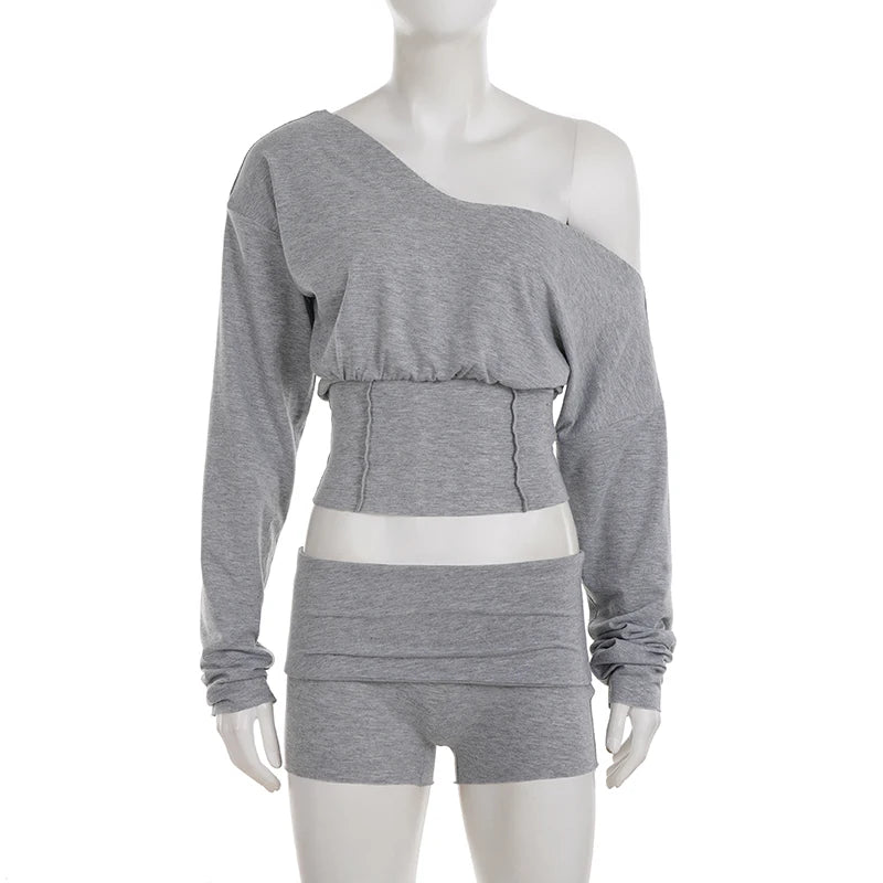 SUCHCUTE Woman 2 Piece Set Sexy Slash Neck Long Sleeve Crop Tops + Shorts Tracksuits Casual Solid Two Piece Outfits Spring 2Pcs