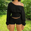 SUCHCUTE Woman 2 Piece Set Sexy Slash Neck Long Sleeve Crop Tops + Shorts Tracksuits Casual Solid Two Piece Outfits Spring 2Pcs