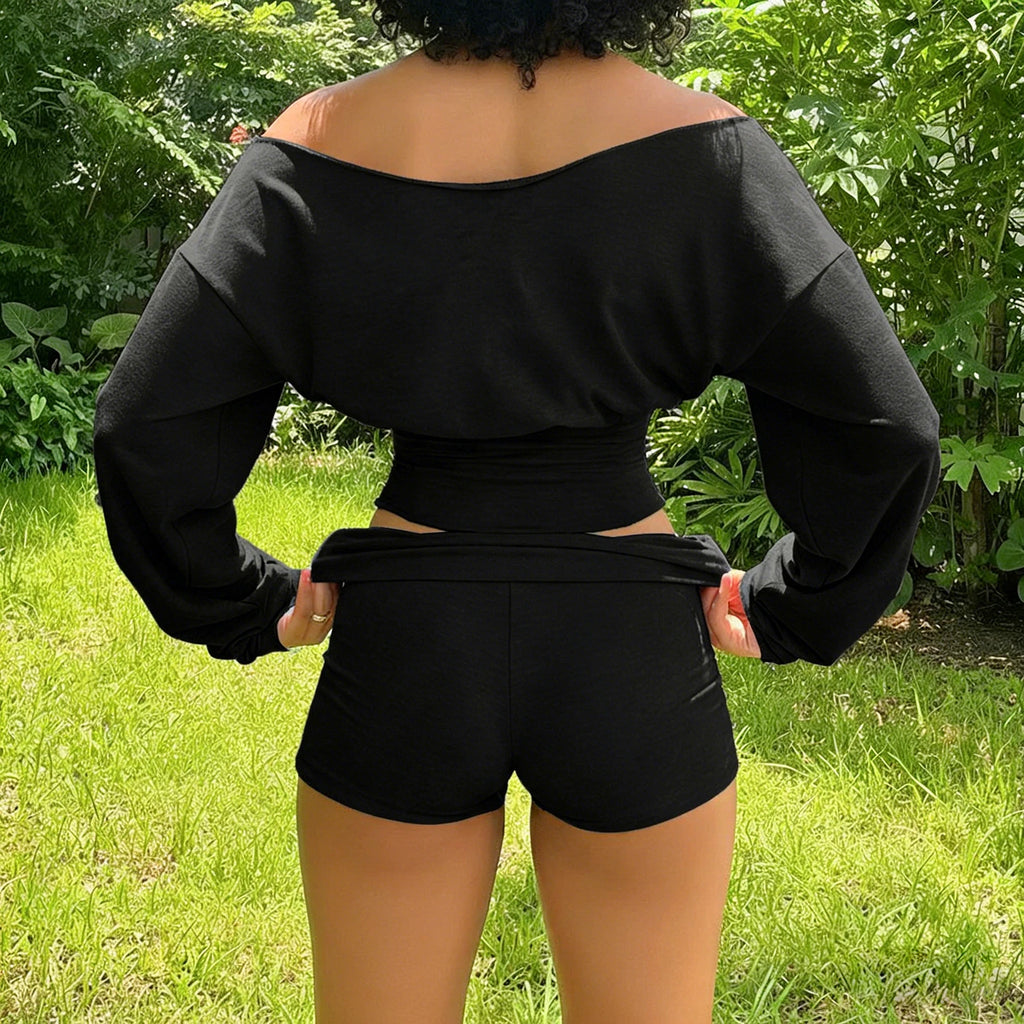 SUCHCUTE Woman 2 Piece Set Sexy Slash Neck Long Sleeve Crop Tops + Shorts Tracksuits Casual Solid Two Piece Outfits Spring 2Pcs