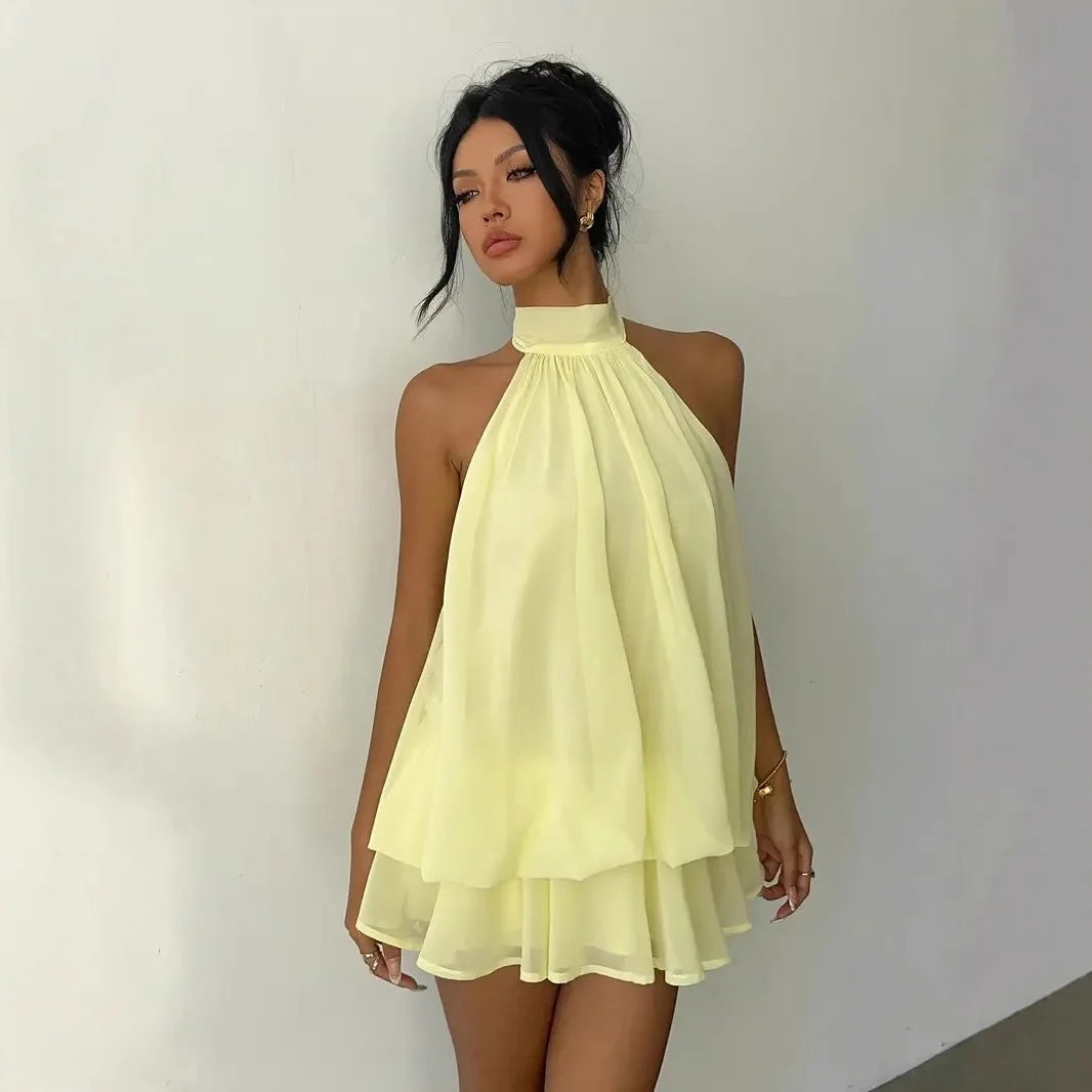 Women'S Halter Neck Dress, Backless Tie-Front Chiffon Sheer Mini Skirt, Fashionable Sexy Y2K Vintage Cute Party Birthday Dress