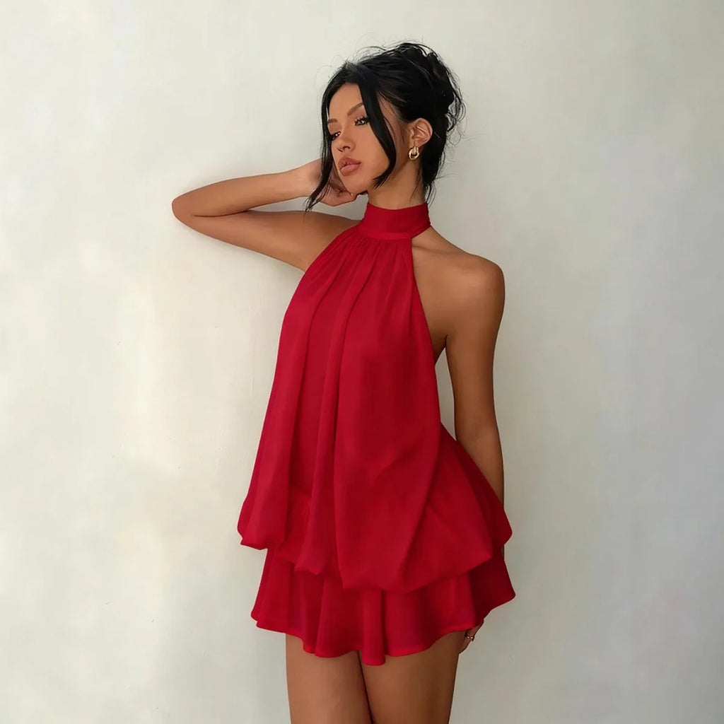 Women'S Halter Neck Dress, Backless Tie-Front Chiffon Sheer Mini Skirt, Fashionable Sexy Y2K Vintage Cute Party Birthday Dress